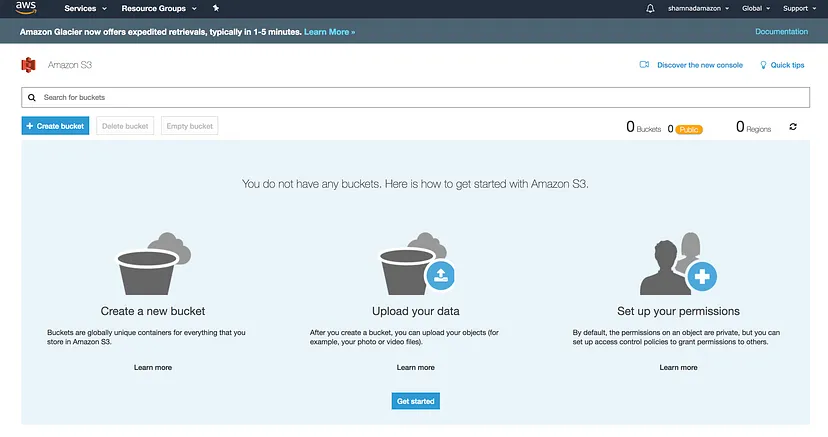 Select S3 bucket storage section